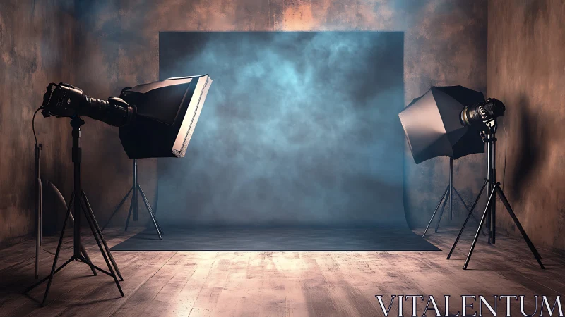 Moody photography studio backdrop with foggy dramatic light.