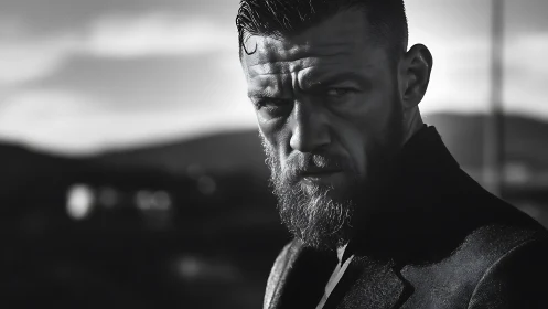 Bearded man in intense black and white outdoor portrait.