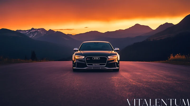 Sporty black car silhouettes against blazing mountain sunset.