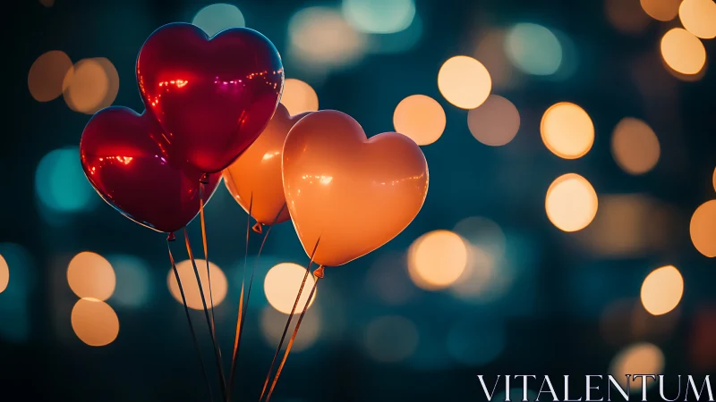 Heart-shaped balloons with bokeh light rendering demonstrating depth-of-field and chromatic separati