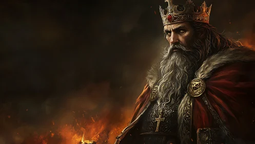 Brooding medieval king stands amid rising battlefield flames.