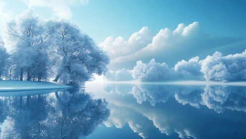 Frozen lake with frosted trees mirrored in still water.