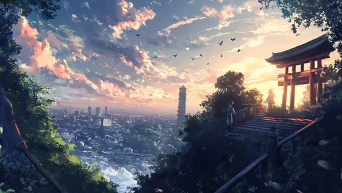 Sunset city hums beneath a quiet shrine on the hilltop