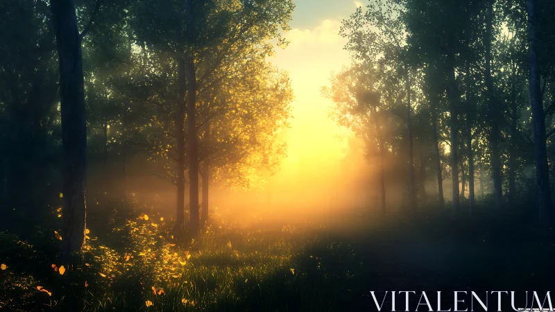 Forest sunrise pours golden light through dense trees