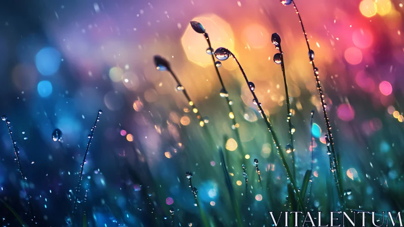 Macro dew-covered grass against prismatic bokeh light field