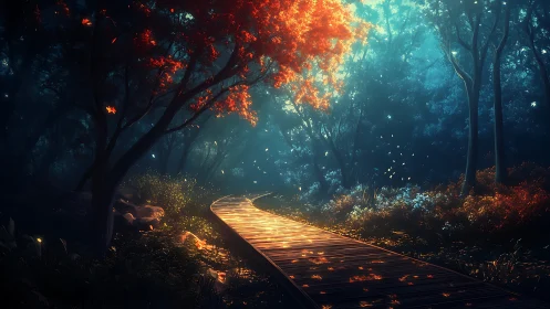 Enchanted Forest Path Glowing Through Twilight.