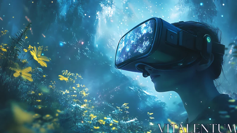 VR headset illuminates user in bioluminescent blue forest simulation