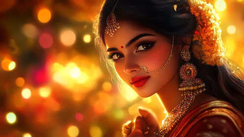 Indian bride portrait glows against golden bokeh lights