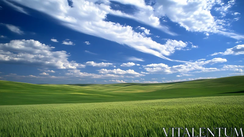 Green wheat field under bright blue sky with clouds.