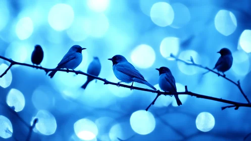 Small birds on branch with dreamy blue bokeh background, artistic style.