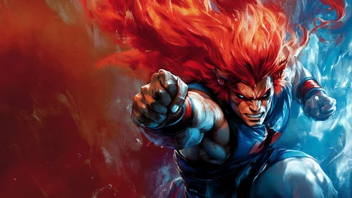 Kinetic red‑haired warrior punching through dual chromatic vortex.