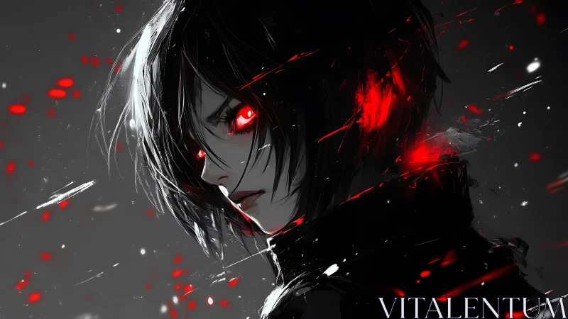 Anime portrait with red spectral energy and dark contrast.