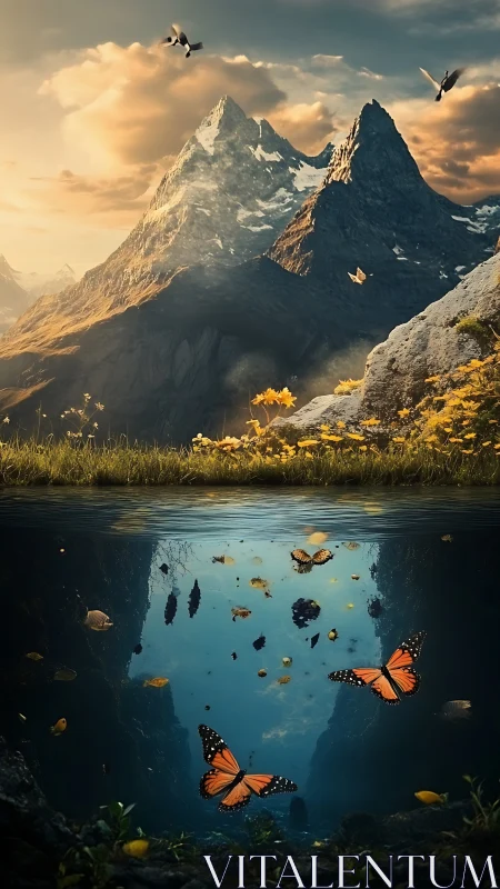 Mountain dreamscape with hidden underwater butterfly world.