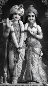 Monochrome divine duo draped in intricate ceremonial grace.