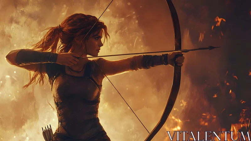 Fiery archer poised in glowing embers of a daring battle.