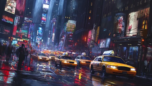 Rainy night city street with yellow cabs and neon lights.