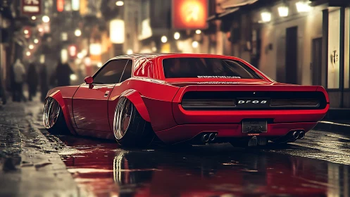 Red custom muscle car on wet neon city street at night.