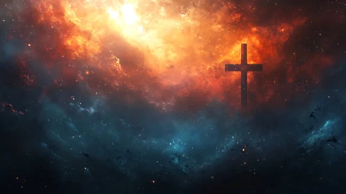 Cross silhouette glows against fiery cosmic nebula sky