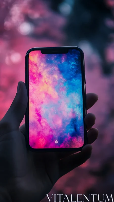 Smartphone with Gradient Display and Blurred Neon Background.