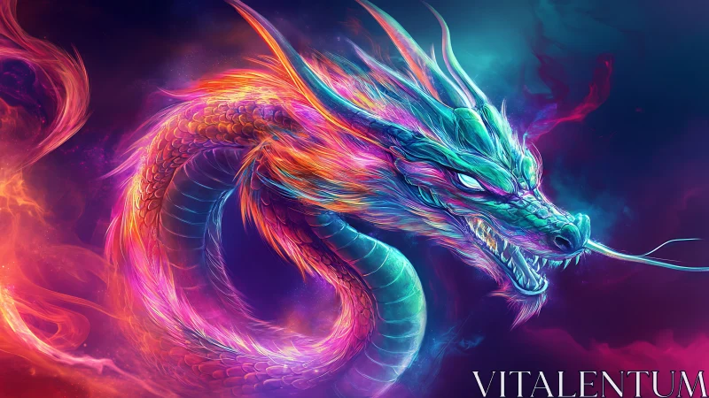 Radiant cosmic dragon swirling through neon colored flames.