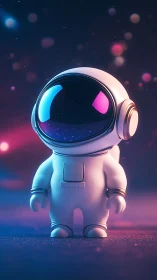 Cartoon astronaut figurine stands in neon lit cosmic scene