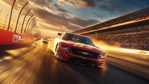 Sunset stock car thunderstorm charging through blazing laps.