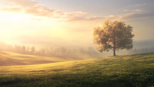 Solitary deciduous tree on sunlit meadow in golden morning mist
