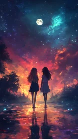 Two girls stand under luminous night sky reflection