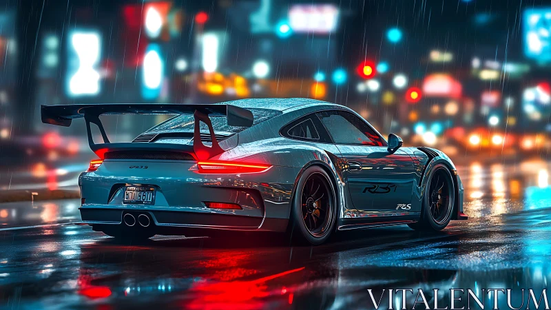 Sleek sports car slices through neon city rain at night.