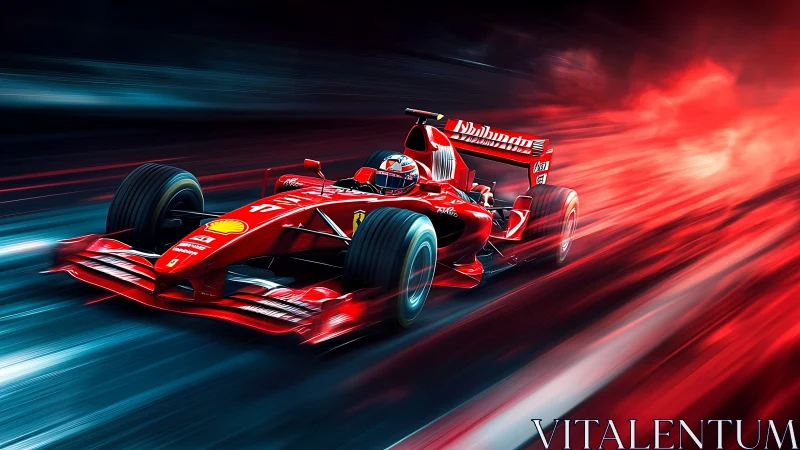 Red Formula racing car on track with motion blur effect.