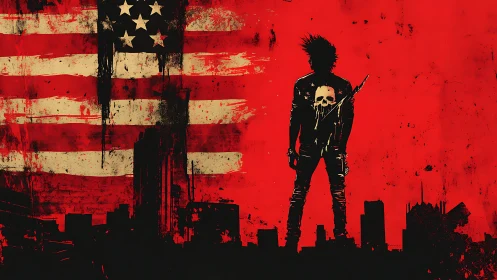 Silhouetted figure stands before distressed flag backdrop