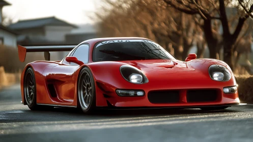 Red track-bred sports car glows on a quiet tree-lined road.