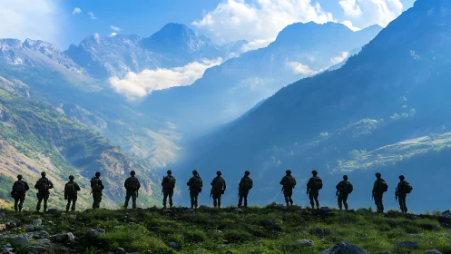 Mountain infantry silhouettes under blue atmospheric backlight.
