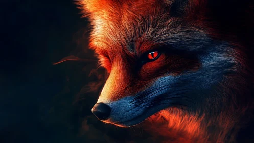 Fiery fox portrait glows with intense, ember-like eyes.