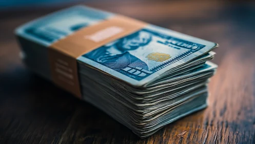 Stacked US hundred-dollar banknotes under shallow optical focus.