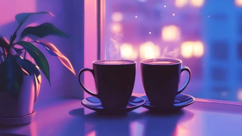 Two steaming cups on windowsill in purple evening light