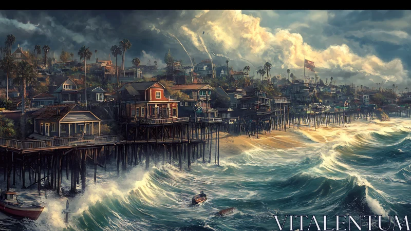 Storm-lit coastal stilt village with turbulent teal surf.