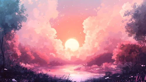 Sun disk over reflective river framed by dense foliage