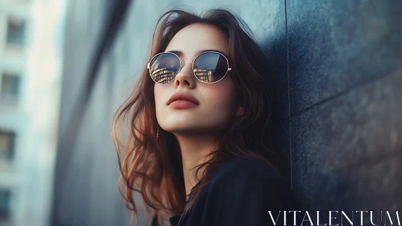 Urban portrait of stylish woman in mirrored round sunglasses.