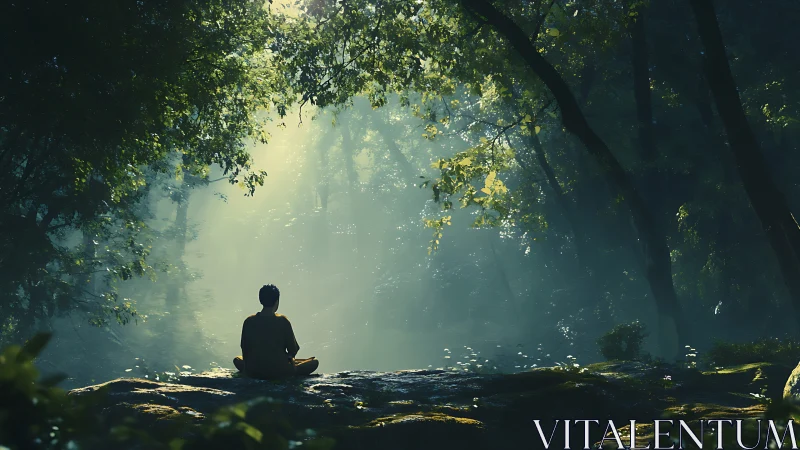 Quiet forest thinker drinks sunlight in a mossy clearing