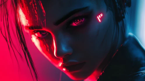 Cyberpunk neon portrait with close-up biometric interface lighting.