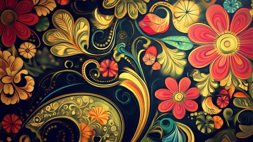 Floral scrollwork pirouettes through midnight carnival color