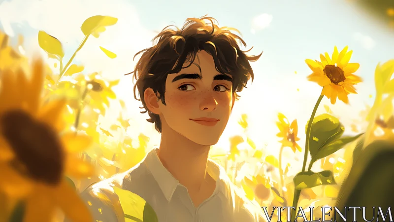 Young person standing in sunflower field under bright sky.