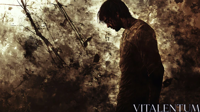 Silhouetted man sinks into abstract grunge storm of despair.