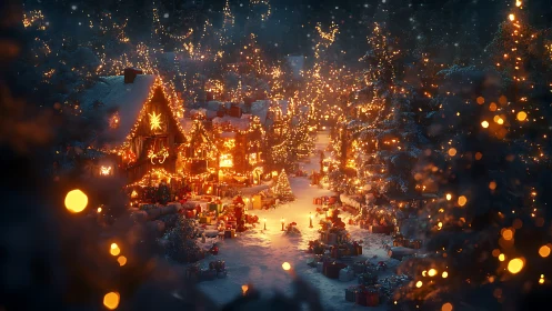 3D snowy Christmas village with luminous festive bokeh lighting.