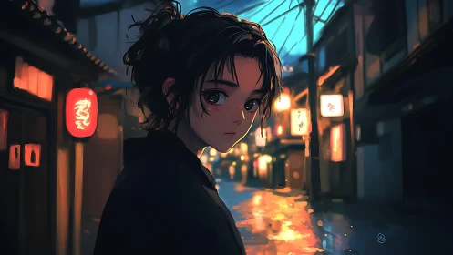 Lanternlit alley wanderer pausing in dusk-tinted rain.