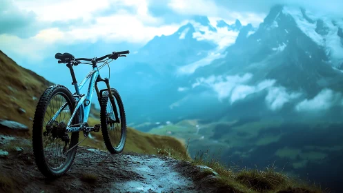 Mountain Bike Positioned on Alpine Trail with Snowy Peaks.
