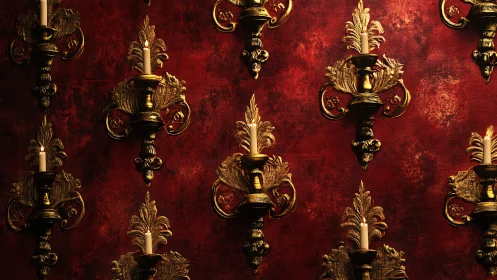 Ornate gilded sconces aligned on deep crimson wall.