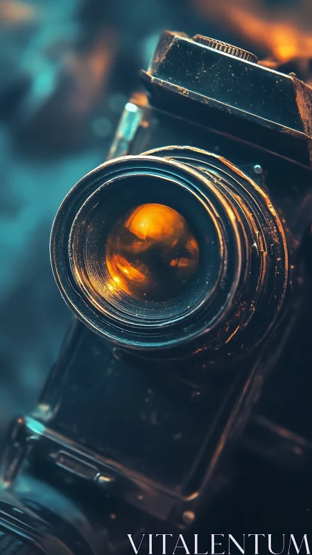 Vintage camera lens glows with warm cinematic light.
