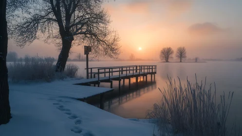 Gentle winter sunrise over a quiet lakeside wooden pier.